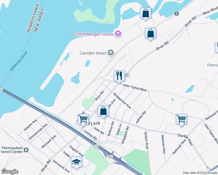 map of restaurants, bars, coffee shops, grocery stores, and more near 430 Bridgeview Avenue in Pennsauken Township