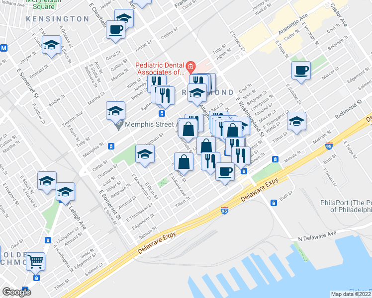 map of restaurants, bars, coffee shops, grocery stores, and more near 2528 East Clearfield Street in Philadelphia