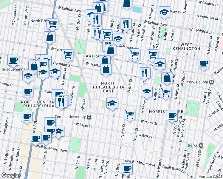map of restaurants, bars, coffee shops, grocery stores, and more near 2166 North Franklin Street in Philadelphia