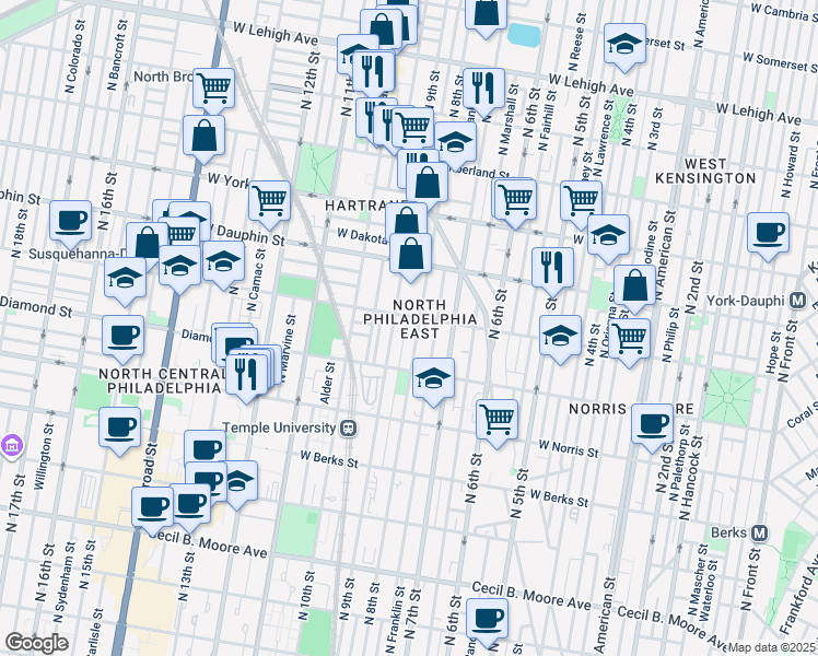 map of restaurants, bars, coffee shops, grocery stores, and more near 2165 North Darien Street in Philadelphia