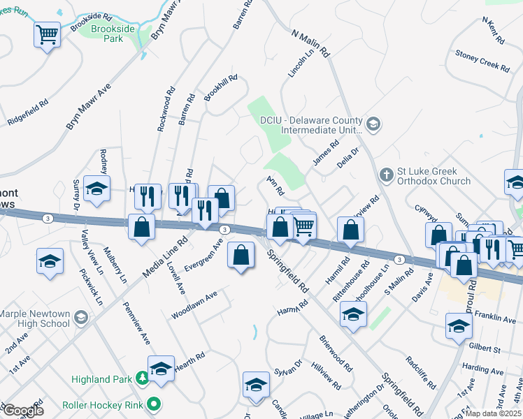 map of restaurants, bars, coffee shops, grocery stores, and more near 14 Ann Road in Broomall