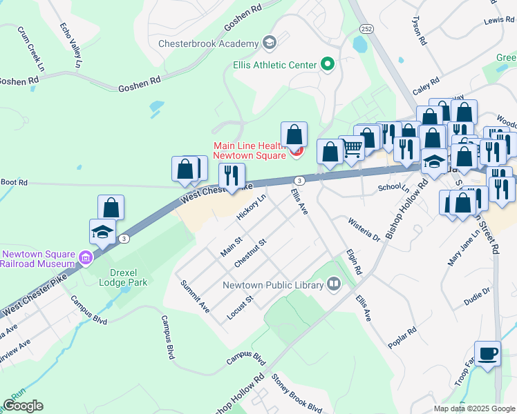 map of restaurants, bars, coffee shops, grocery stores, and more near 18 Hickory Lane in Newtown Square