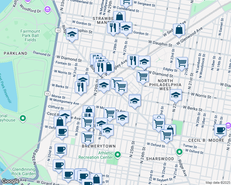 map of restaurants, bars, coffee shops, grocery stores, and more near 2708 Ridge Avenue in Philadelphia