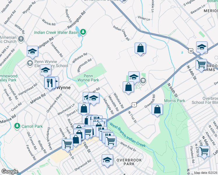 map of restaurants, bars, coffee shops, grocery stores, and more near 25 Wiltshire Road in Wynnewood