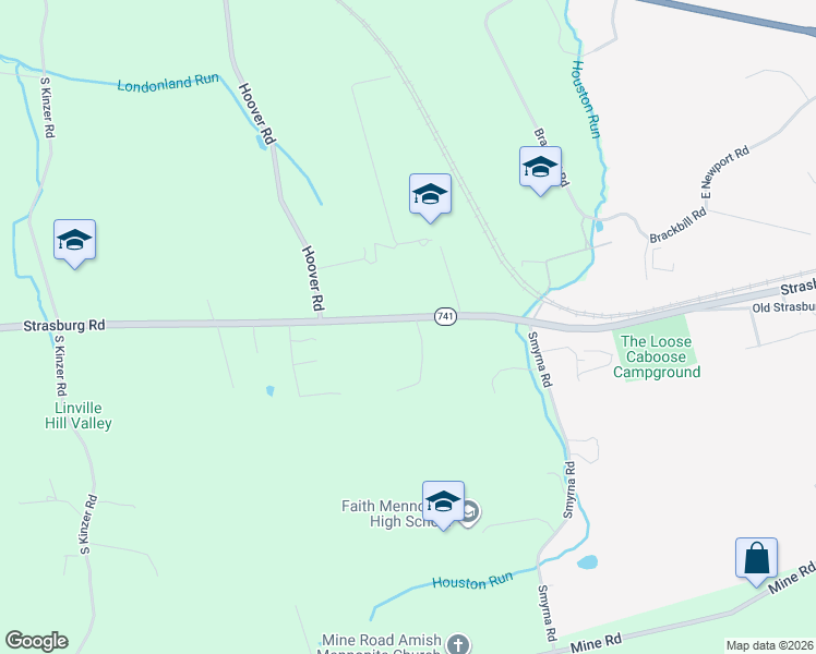 map of restaurants, bars, coffee shops, grocery stores, and more near 5064 Strasburg Road in Kinzers