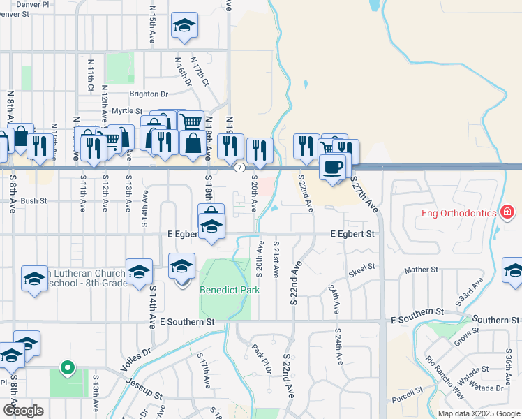 map of restaurants, bars, coffee shops, grocery stores, and more near 80 South 20th Avenue in Brighton
