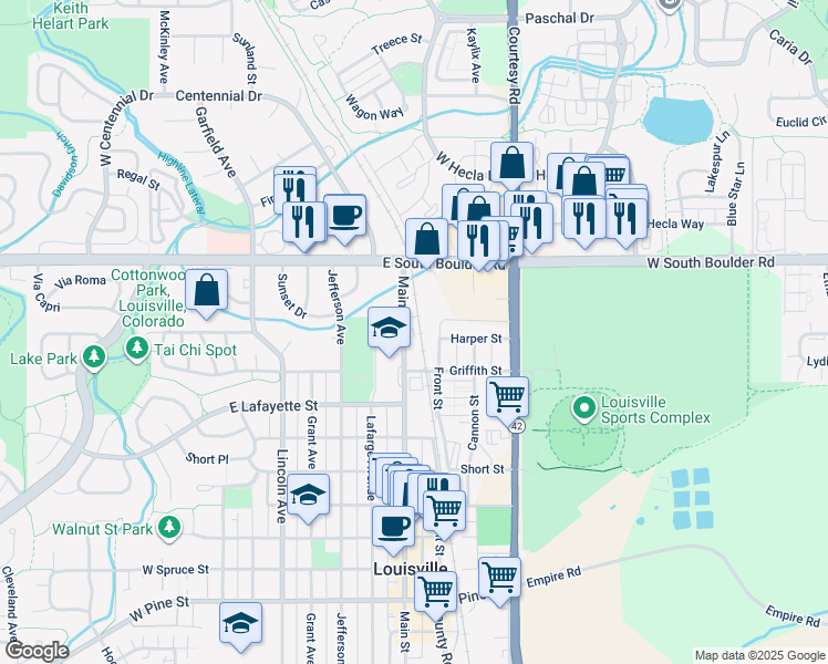map of restaurants, bars, coffee shops, grocery stores, and more near 1524 Main Street in Louisville
