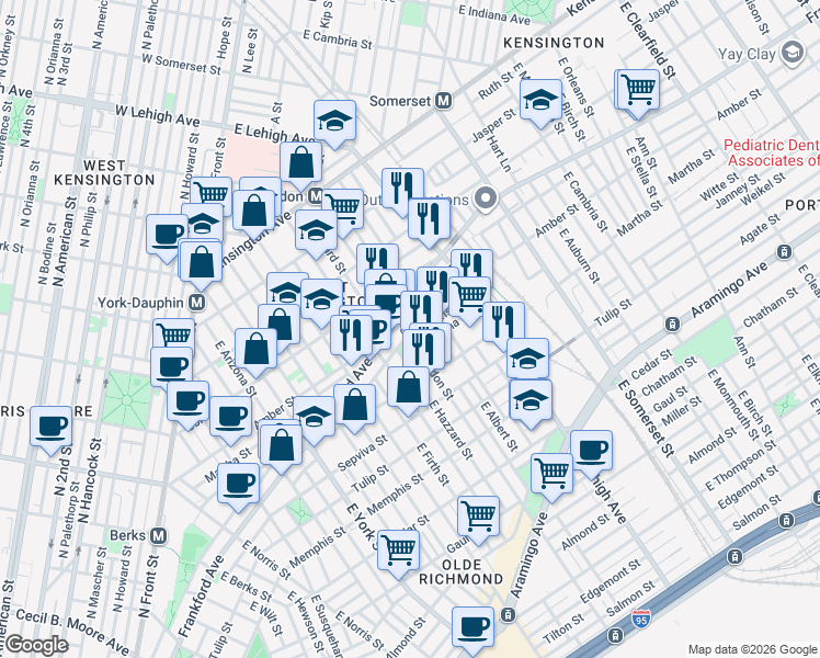 map of restaurants, bars, coffee shops, grocery stores, and more near 2635 Amber Street in Philadelphia