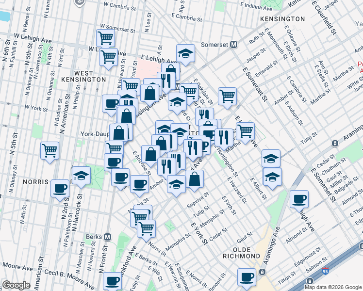 map of restaurants, bars, coffee shops, grocery stores, and more near 2007 East Cumberland Street in Philadelphia