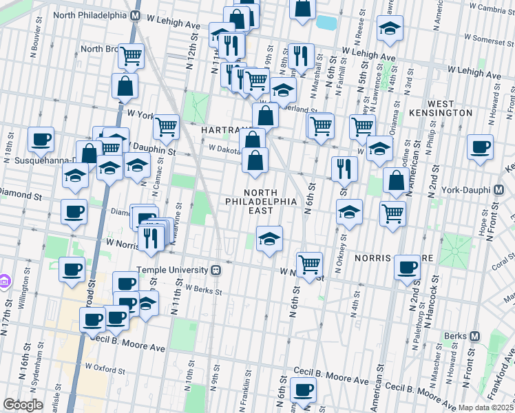 map of restaurants, bars, coffee shops, grocery stores, and more near in Philadelphia