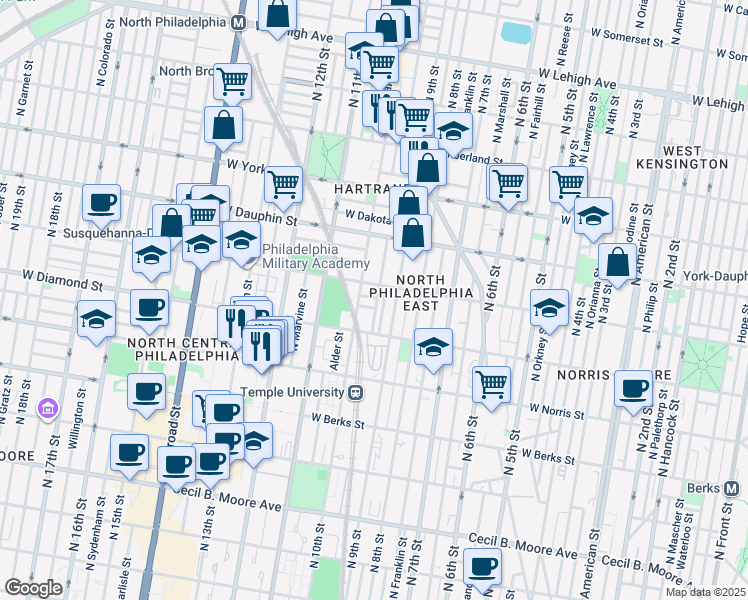 map of restaurants, bars, coffee shops, grocery stores, and more near 2209 North Delhi Street in Philadelphia