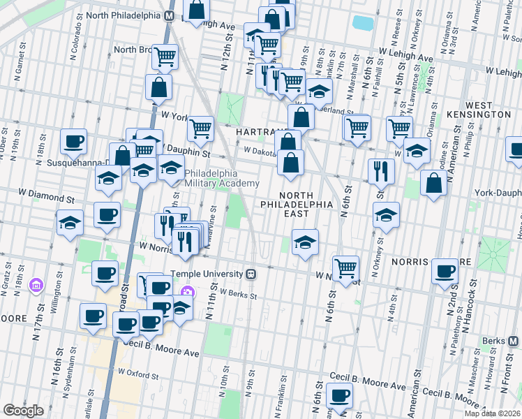 map of restaurants, bars, coffee shops, grocery stores, and more near 2209 North Delhi Street in Philadelphia