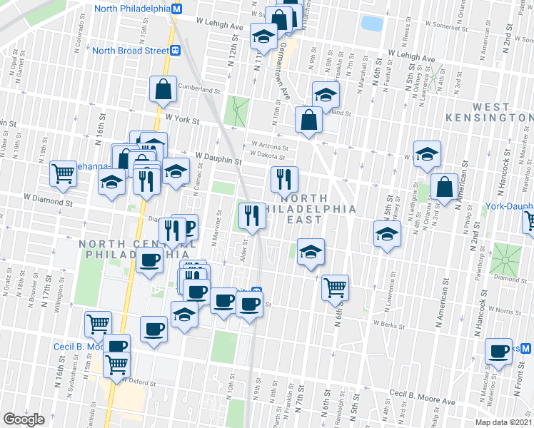 map of restaurants, bars, coffee shops, grocery stores, and more near 2209 North Delhi Street in Philadelphia