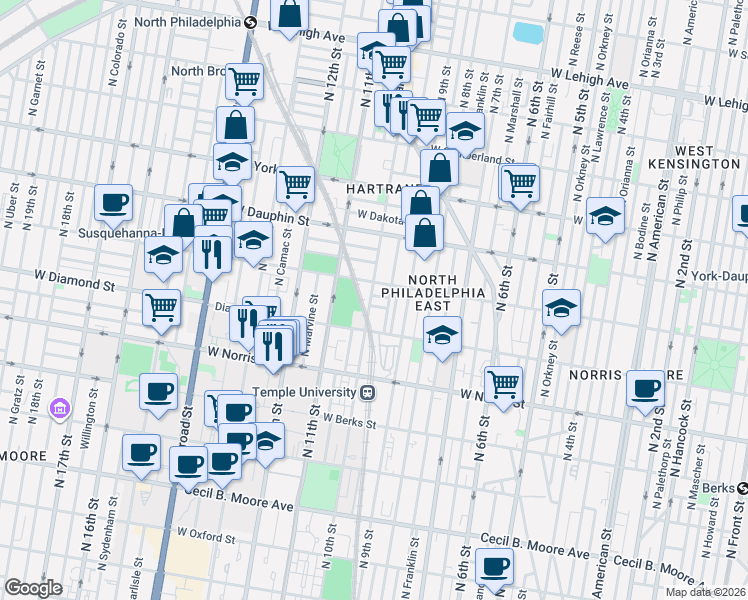 map of restaurants, bars, coffee shops, grocery stores, and more near 1040 West Susquehanna Avenue in Philadelphia