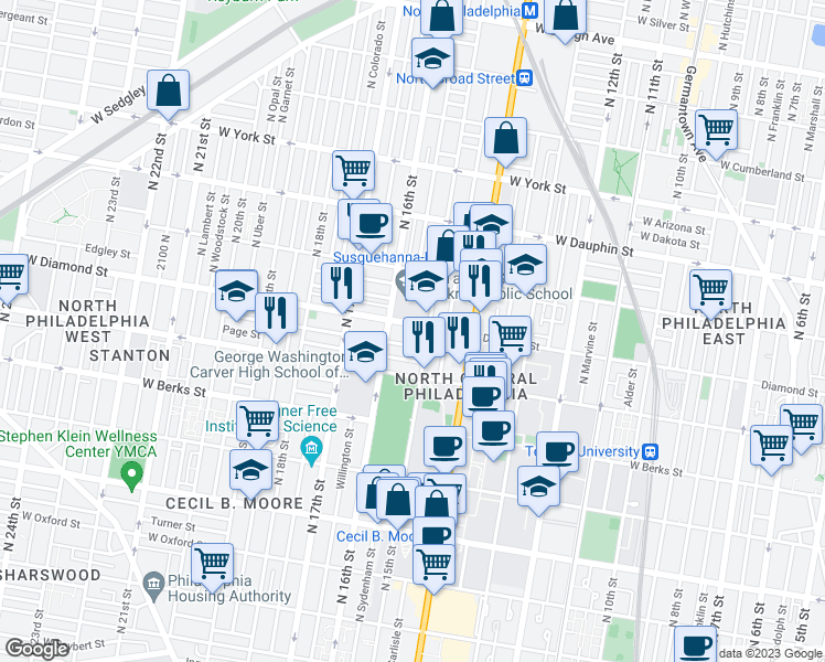 map of restaurants, bars, coffee shops, grocery stores, and more near 1528 Edgley Street in Philadelphia