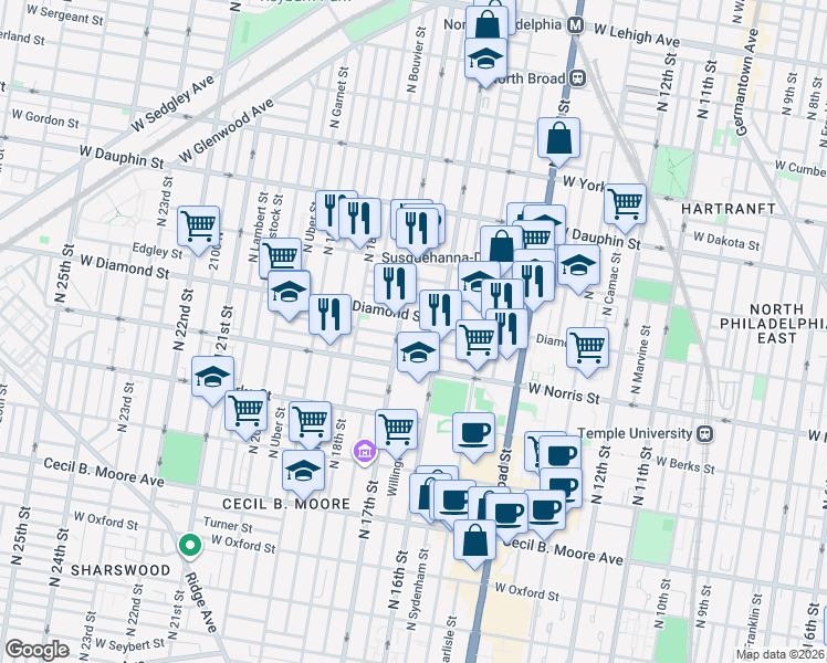 map of restaurants, bars, coffee shops, grocery stores, and more near in Philadelphia
