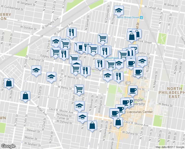 map of restaurants, bars, coffee shops, grocery stores, and more near in Philadelphia