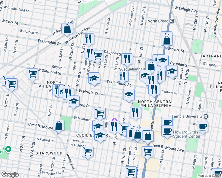 map of restaurants, bars, coffee shops, grocery stores, and more near in Philadelphia