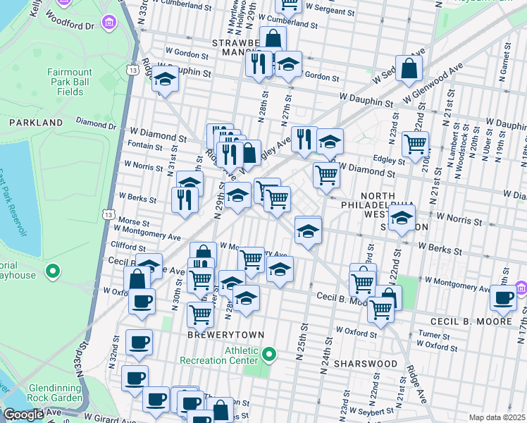 map of restaurants, bars, coffee shops, grocery stores, and more near 2708 Ridge Avenue in Philadelphia