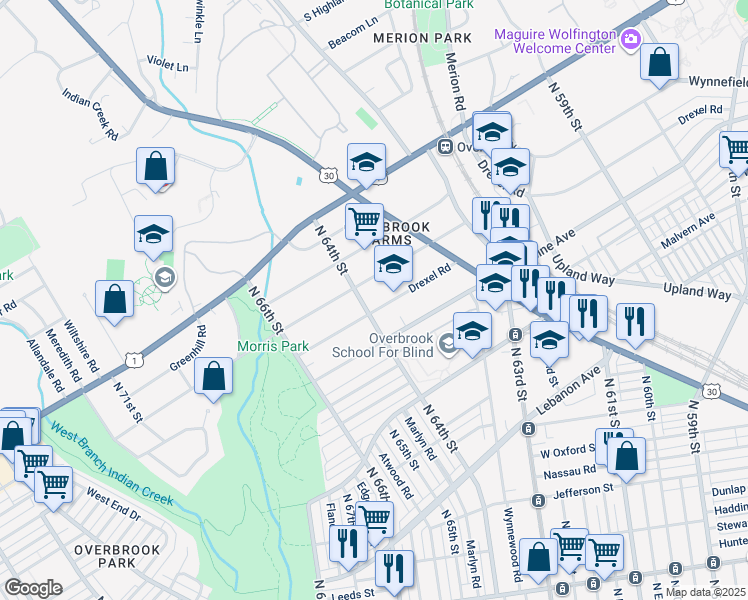 map of restaurants, bars, coffee shops, grocery stores, and more near 6387 Sherwood Road in Philadelphia