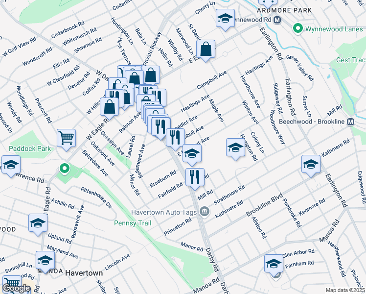 map of restaurants, bars, coffee shops, grocery stores, and more near 27 East Turnbull Avenue in Havertown