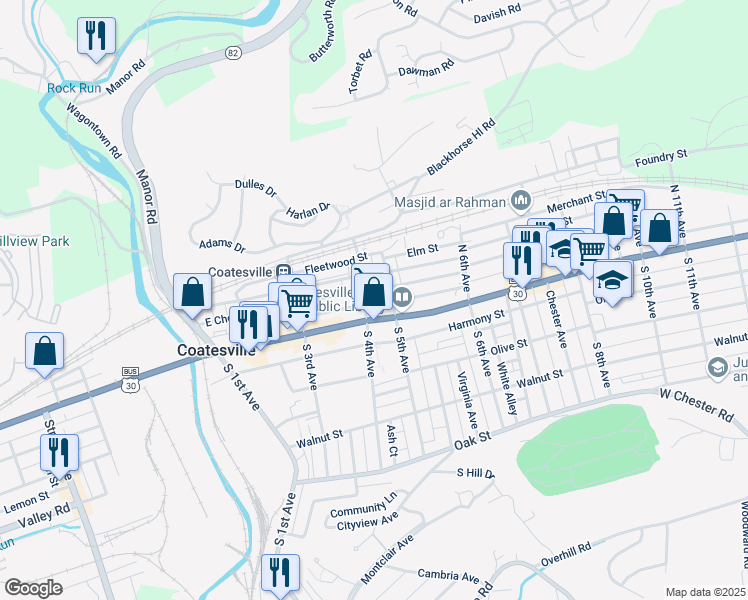 map of restaurants, bars, coffee shops, grocery stores, and more near 401 East Chestnut Street in Coatesville