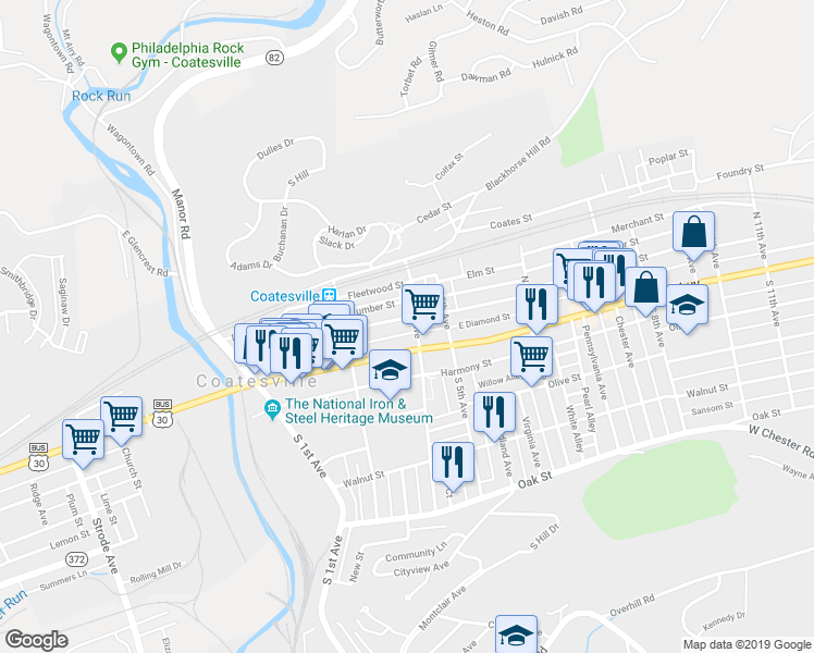 map of restaurants, bars, coffee shops, grocery stores, and more near 401 East Chestnut Street in Coatesville