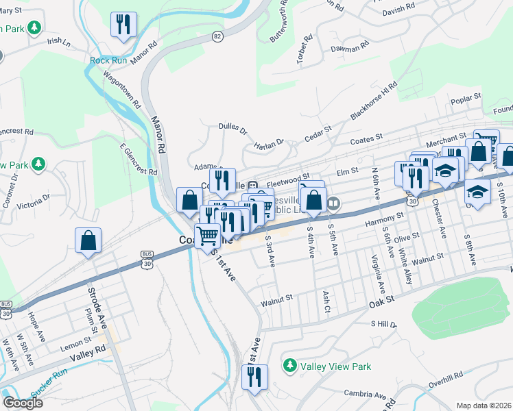 map of restaurants, bars, coffee shops, grocery stores, and more near 124A North 3rd Avenue in Coatesville