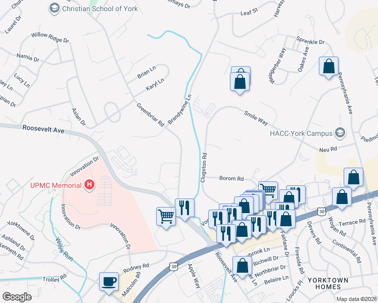 map of restaurants, bars, coffee shops, grocery stores, and more near 560 Greenbriar Road in York