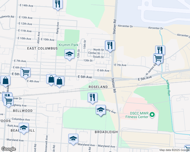 map of restaurants, bars, coffee shops, grocery stores, and more near 660 Krumm Avenue in Columbus