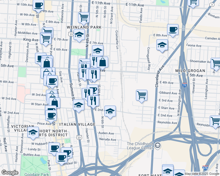 map of restaurants, bars, coffee shops, grocery stores, and more near 301 East 4th Avenue in Columbus