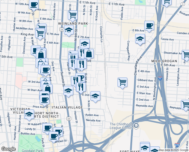 map of restaurants, bars, coffee shops, grocery stores, and more near 301 East 4th Avenue in Columbus