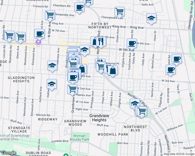 map of restaurants, bars, coffee shops, grocery stores, and more near 1344 Sunrise Avenue in Columbus