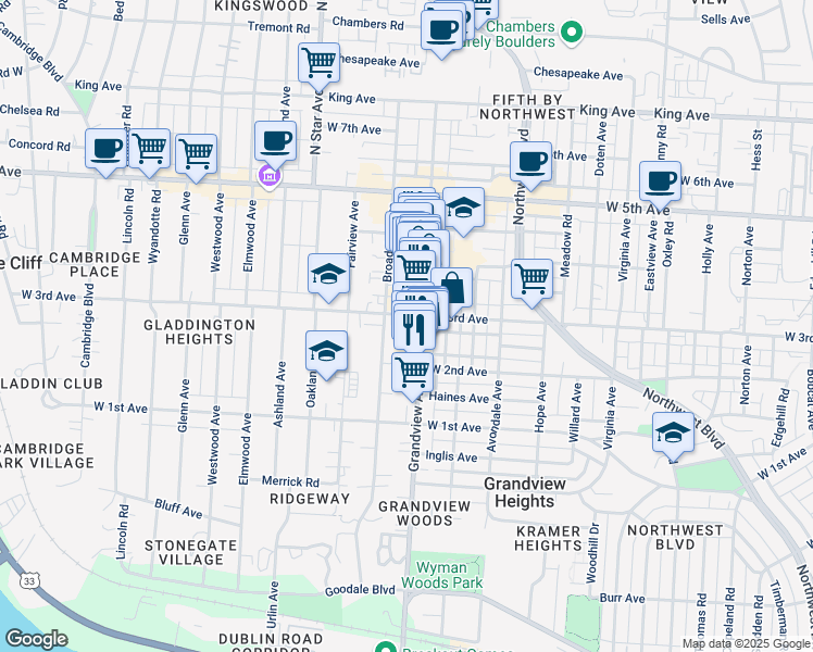 map of restaurants, bars, coffee shops, grocery stores, and more near 1376 Broadview Avenue in Columbus