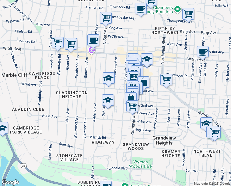 map of restaurants, bars, coffee shops, grocery stores, and more near 1558 West 3rd Avenue in Columbus