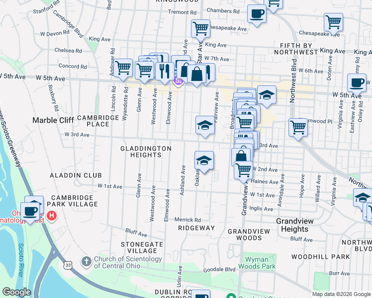 map of restaurants, bars, coffee shops, grocery stores, and more near 1676 West 3rd Avenue in Columbus