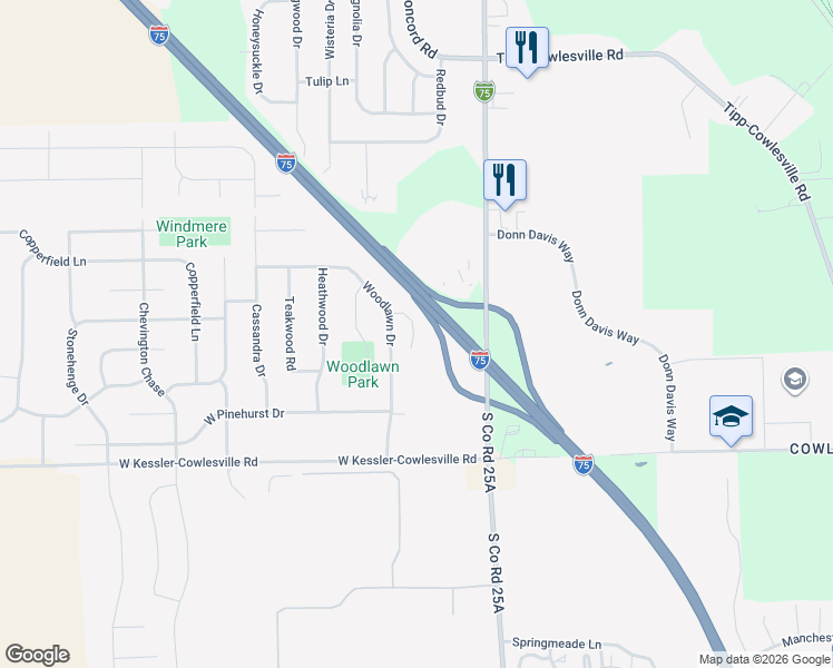 map of restaurants, bars, coffee shops, grocery stores, and more near 225-227 Elas Court in Tipp City
