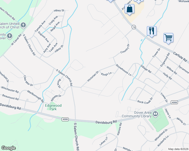 map of restaurants, bars, coffee shops, grocery stores, and more near 2633 Victorian Drive in Dover