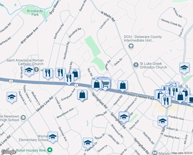 map of restaurants, bars, coffee shops, grocery stores, and more near 2941 Hillside Road in Broomall