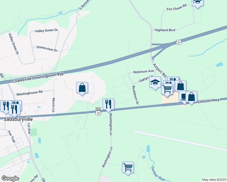 map of restaurants, bars, coffee shops, grocery stores, and more near Larose Drive in Coatesville