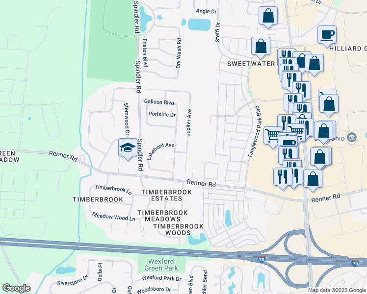 map of restaurants, bars, coffee shops, grocery stores, and more near 1673 Jupiter Avenue in Hilliard