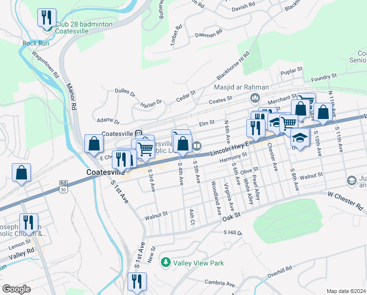 map of restaurants, bars, coffee shops, grocery stores, and more near 411 East Diamond Street in Coatesville