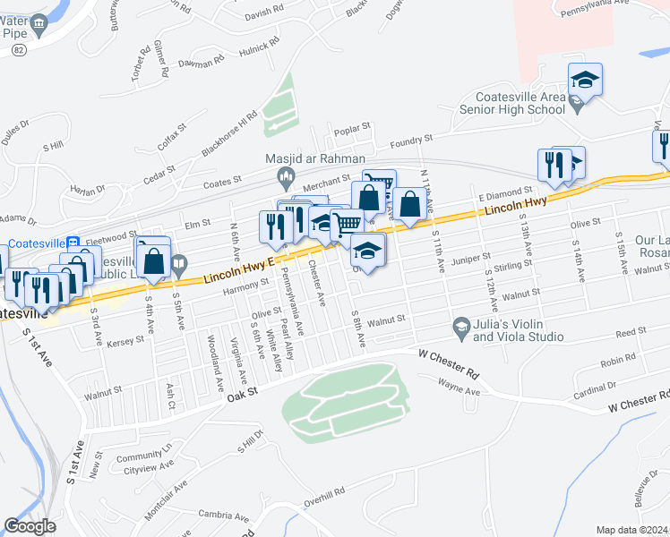 map of restaurants, bars, coffee shops, grocery stores, and more near 26 South 8th Avenue in Coatesville