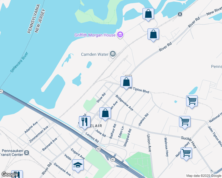 map of restaurants, bars, coffee shops, grocery stores, and more near 430 Bridgeview Avenue in Pennsauken Township