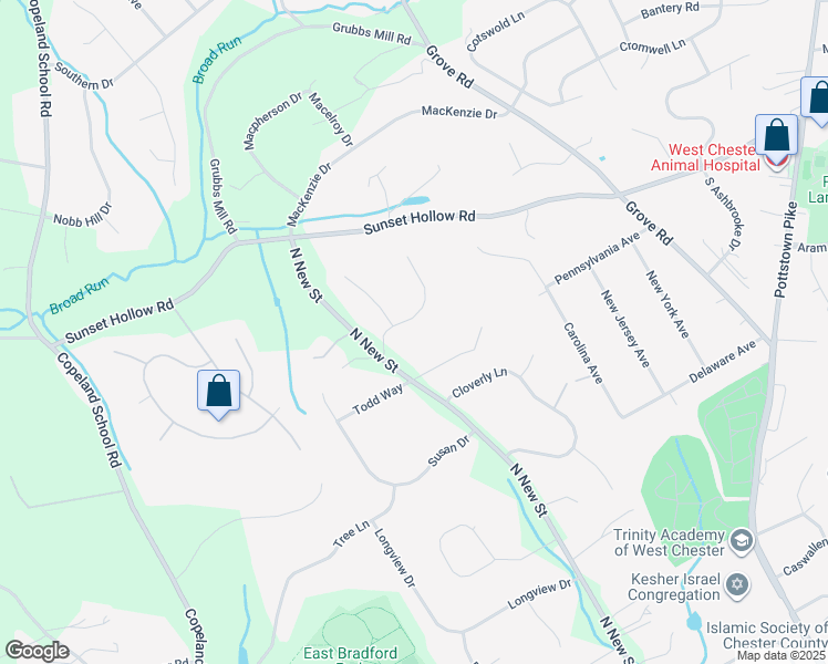 map of restaurants, bars, coffee shops, grocery stores, and more near 105 Fox Knoll Lane in West Chester