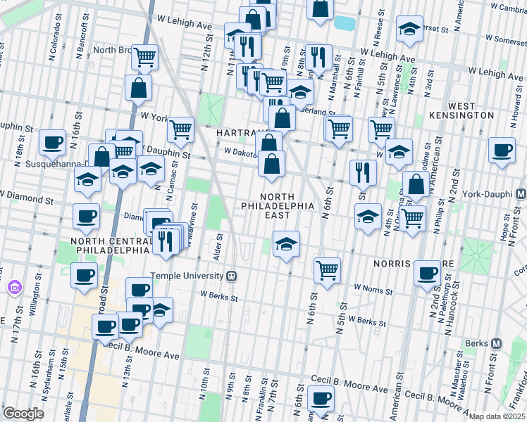 map of restaurants, bars, coffee shops, grocery stores, and more near 2157 North 9th Street in Philadelphia