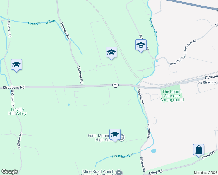 map of restaurants, bars, coffee shops, grocery stores, and more near 5064 Strasburg Road in Kinzers