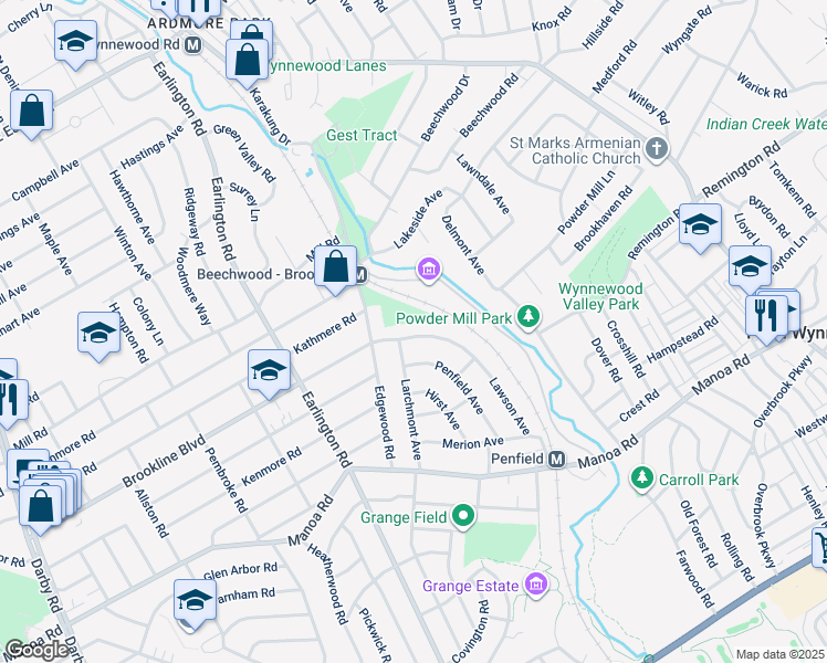 map of restaurants, bars, coffee shops, grocery stores, and more near 624 Lawson Avenue in Havertown