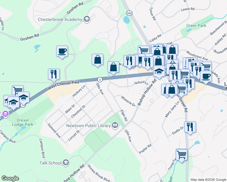 map of restaurants, bars, coffee shops, grocery stores, and more near 3764 School Lane in Newtown Square