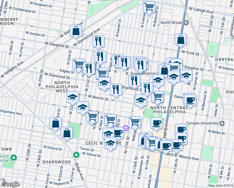 map of restaurants, bars, coffee shops, grocery stores, and more near 2029 North Gratz Street in Philadelphia